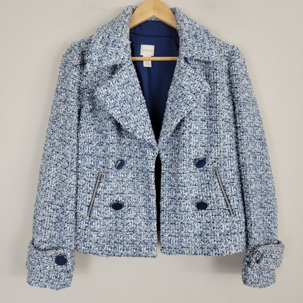 Chico's Blazer Jacket Women Sz 0 Blue White Textured Double Breasted Open